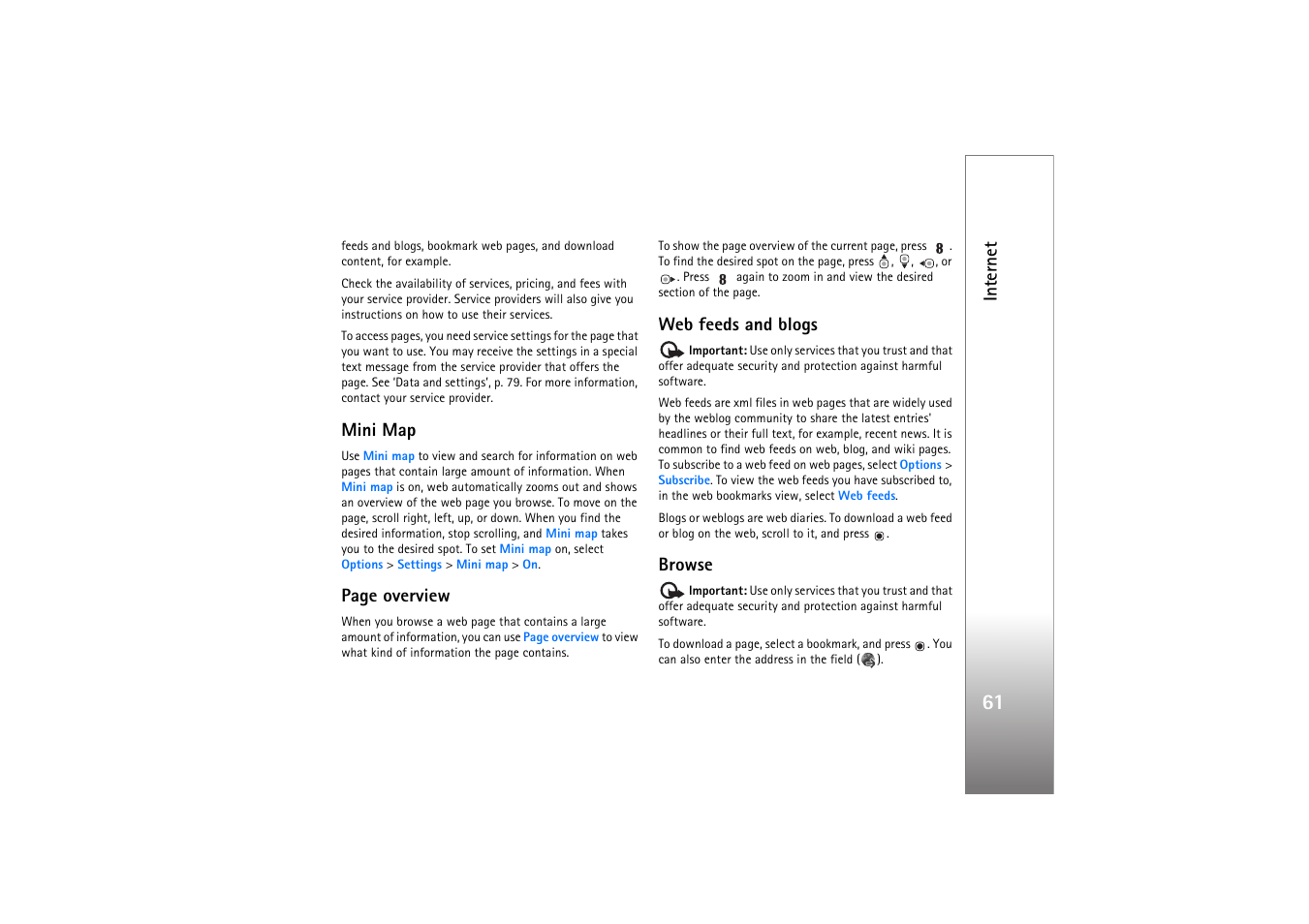 Mini map, Web feeds and blogs, Browse | Nokia N77 User Manual | Page 61 / 133