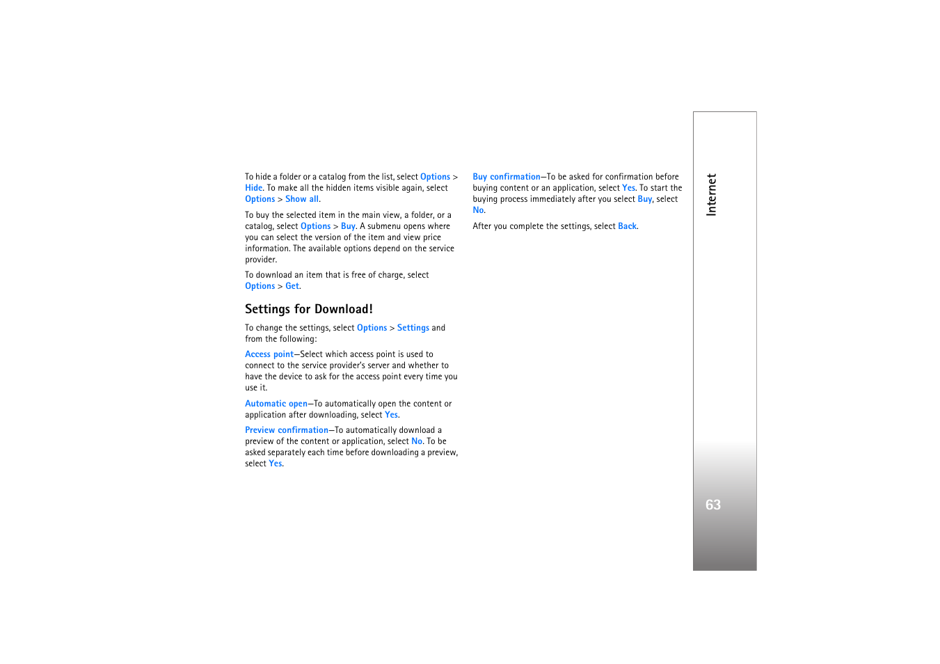 Settings for download, Int er n et | Nokia N77 User Manual | Page 63 / 133