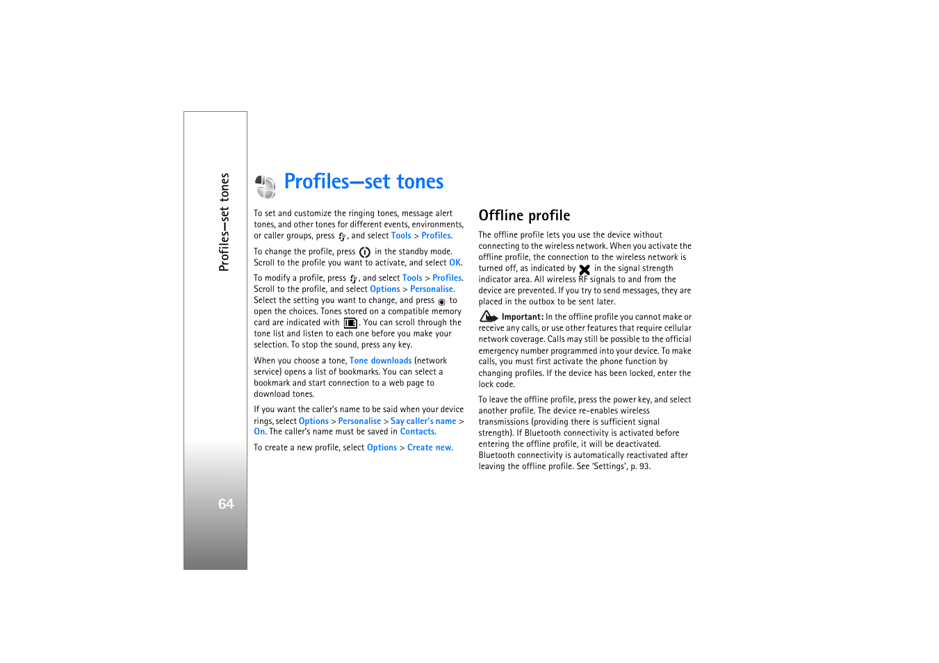 Profiles—set tones, Offline profile, Profiles—set | Tones’, p. 64 | Nokia N77 User Manual | Page 64 / 133