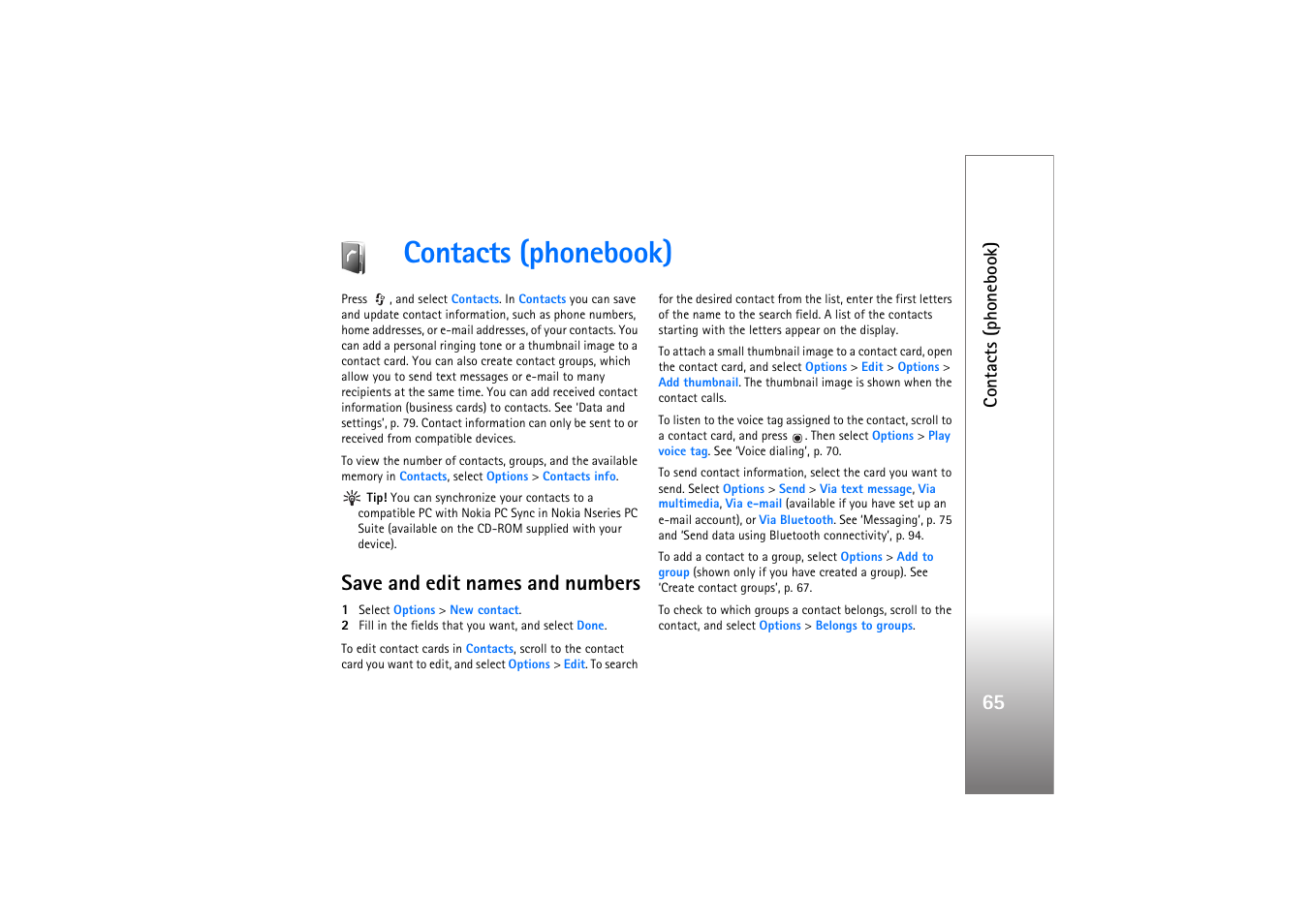 Contacts (phonebook), Save and edit names and numbers | Nokia N77 User Manual | Page 65 / 133