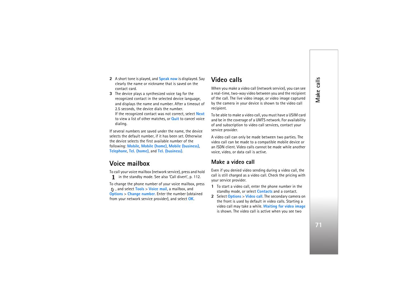 Voice mailbox, Video calls, Make a video call | Make calls | Nokia N77 User Manual | Page 71 / 133