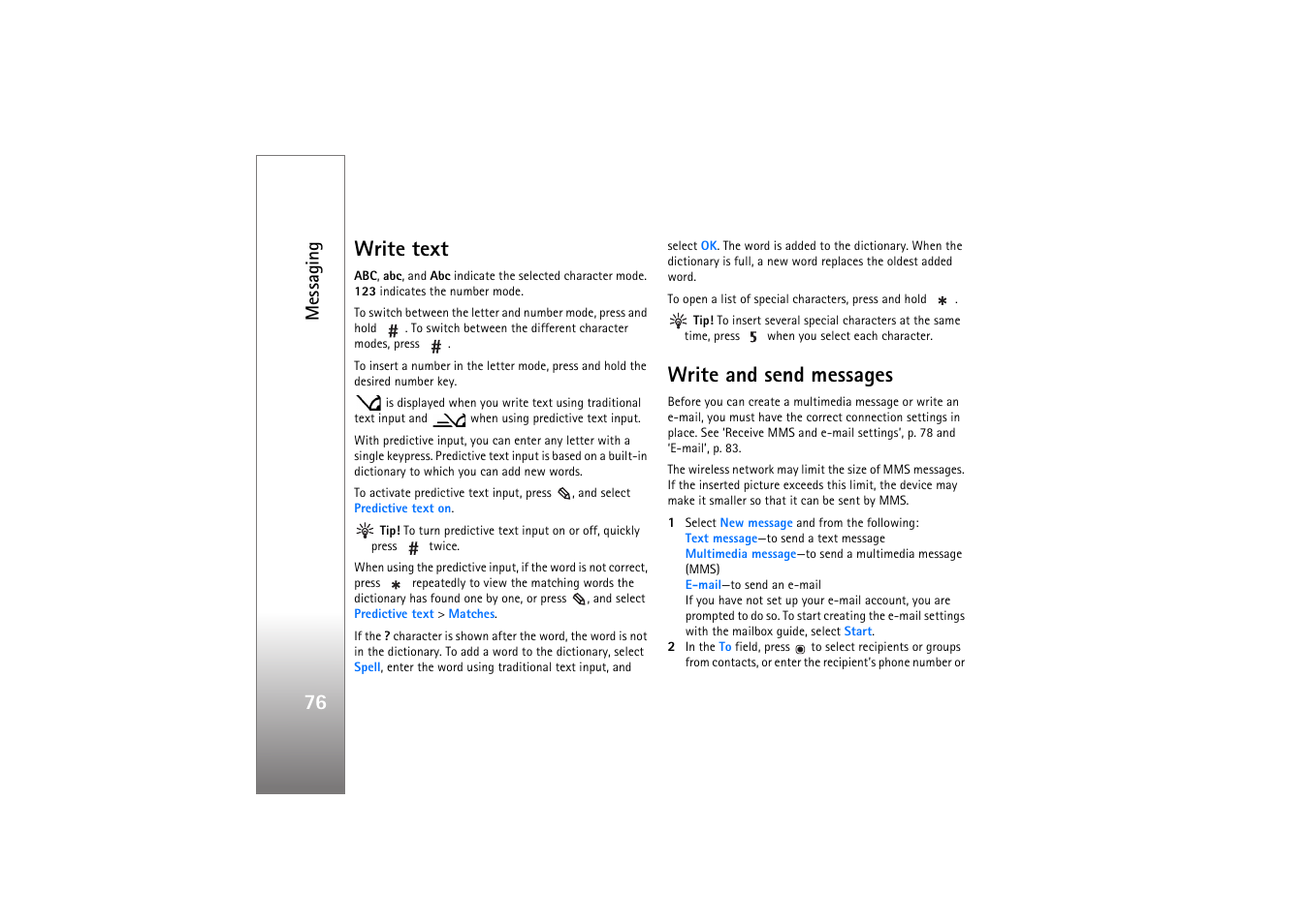 Write text, Write and send messages, Write text write and send messages | 76 write text, Messaging | Nokia N77 User Manual | Page 76 / 133