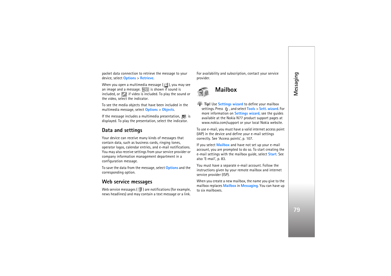 Data and settings, Web service messages, Mailbox | Data and settings’, p. 79, Messaging | Nokia N77 User Manual | Page 79 / 133