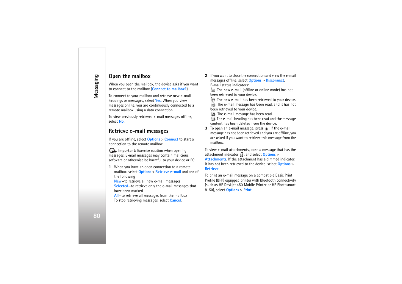 Open the mailbox, Retrieve e-mail messages, Messaging | Nokia N77 User Manual | Page 80 / 133