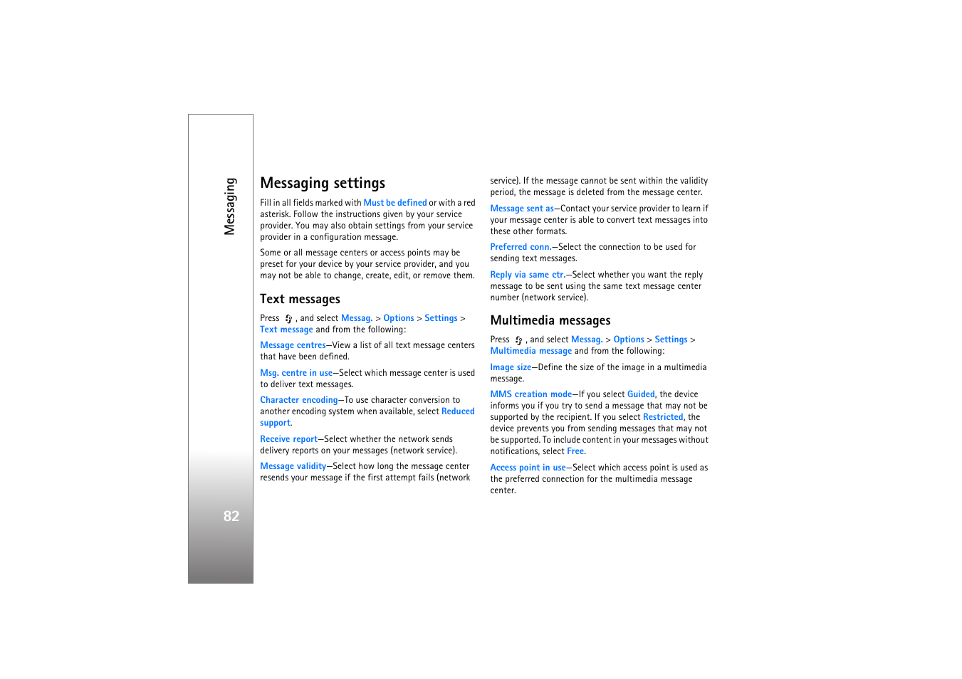 Messaging settings, Text messages, Multimedia messages | See ‘multimedia messages’, p. 82, See also ‘multimedia messages, 82 messaging settings, Messaging | Nokia N77 User Manual | Page 82 / 133