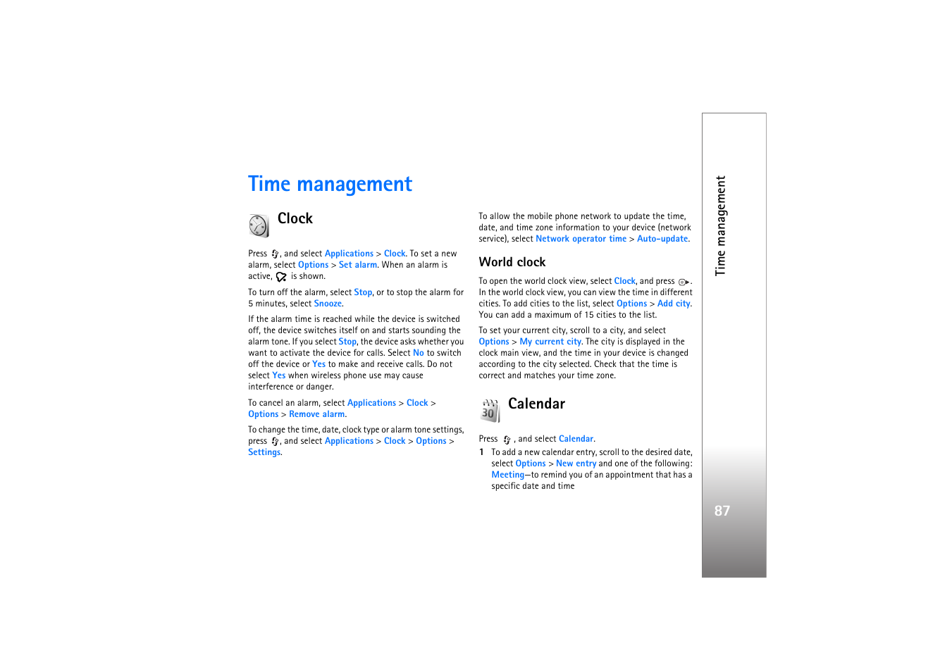Time management, Clock, World clock | Calendar, Clock calendar, Time manag ement | Nokia N77 User Manual | Page 87 / 133