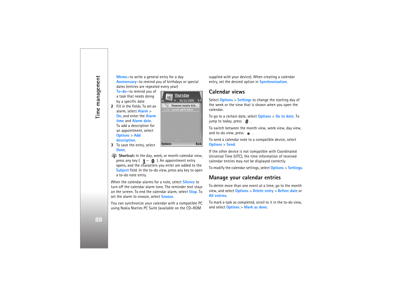 Calendar views, Manage your calendar entries, Time manag ement | Nokia N77 User Manual | Page 88 / 133