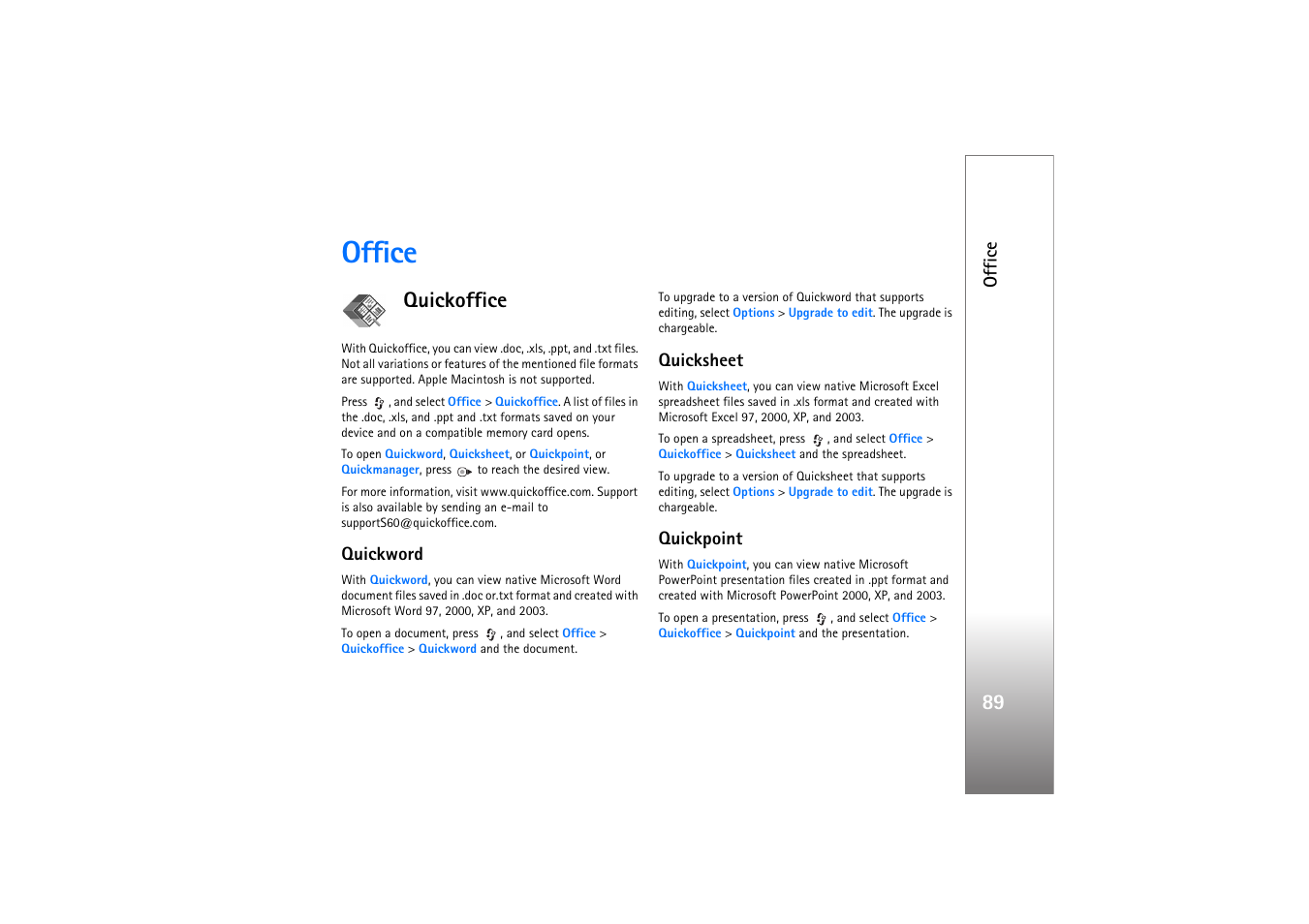 Office, Quickoffice, Quickword | Quicksheet, Quickpoint | Nokia N77 User Manual | Page 89 / 133