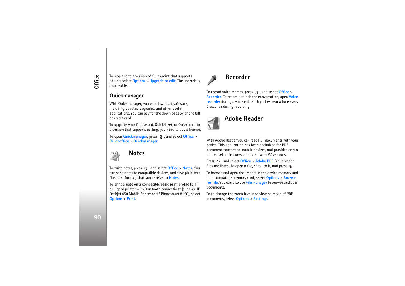 Quickmanager, Notes, Recorder | Adobe reader, Notes recorder adobe reader, Office | Nokia N77 User Manual | Page 90 / 133