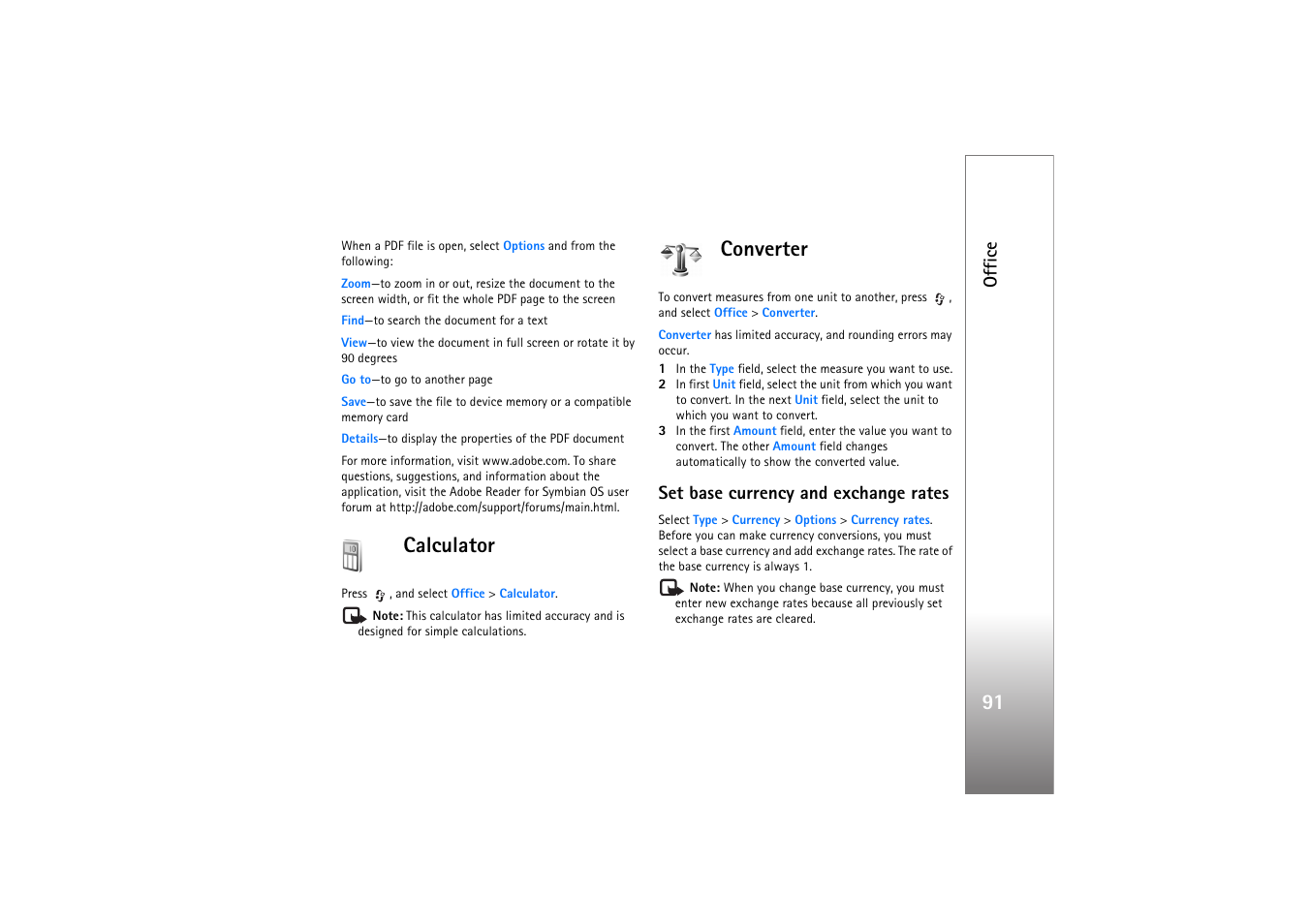 Calculator, Converter, Set base currency and exchange rates | Calculator converter, Office | Nokia N77 User Manual | Page 91 / 133