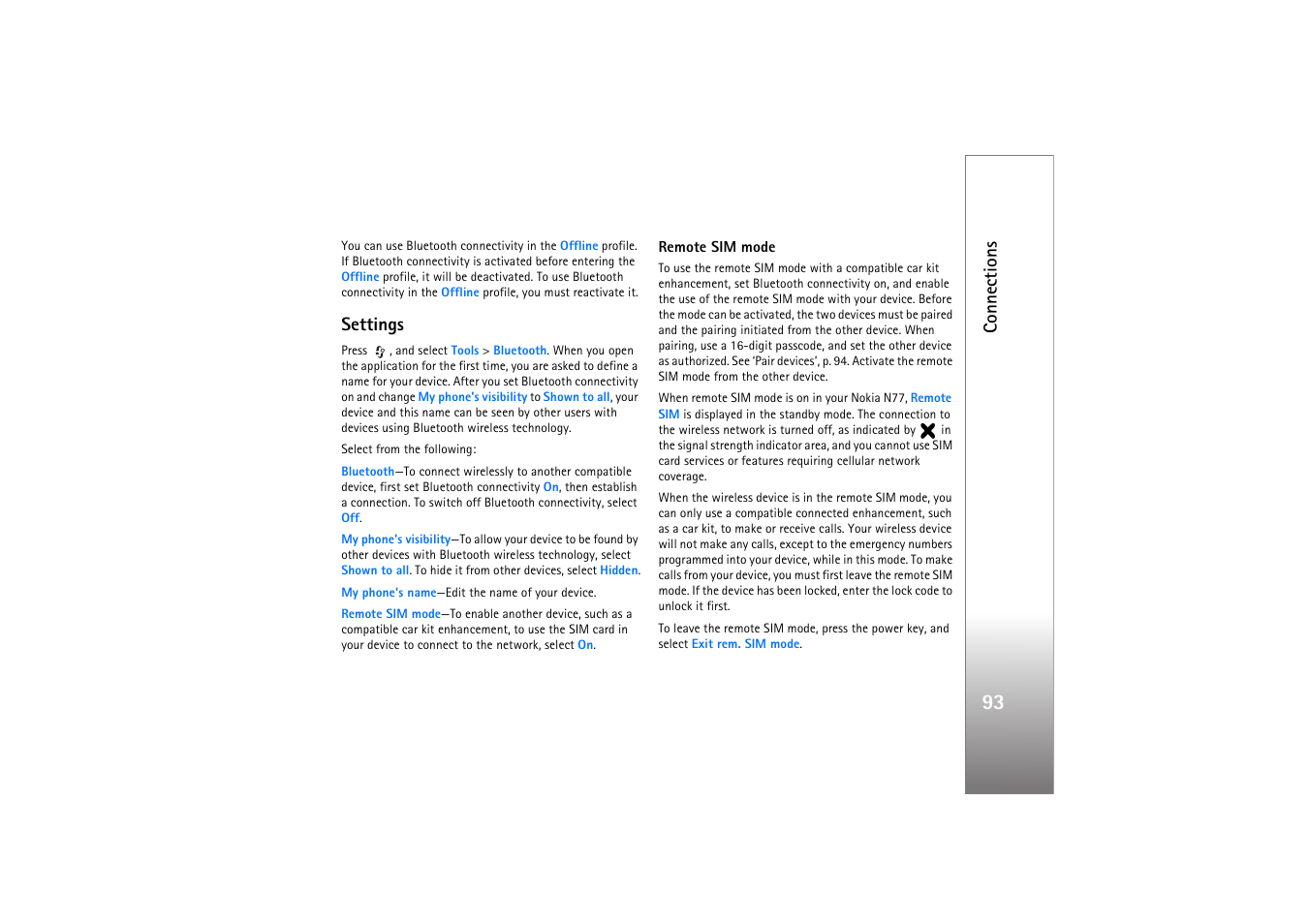 Settings, Connections | Nokia N77 User Manual | Page 93 / 133
