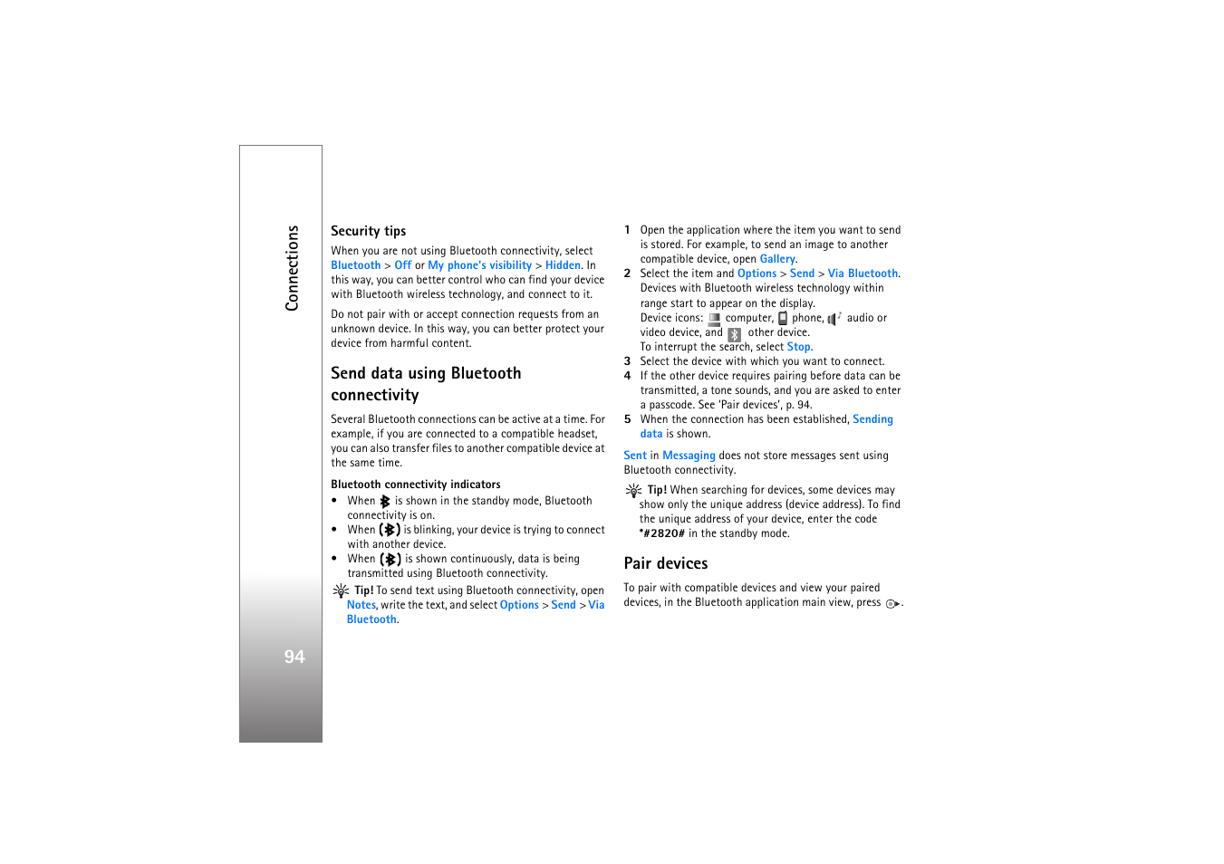 Send data using bluetooth connectivity, Pair devices, And ‘send data using bluetooth connectivity | Connections | Nokia N77 User Manual | Page 94 / 133