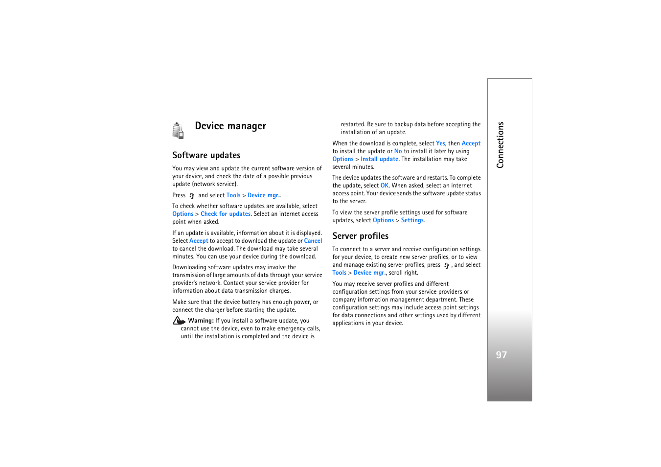 Device manager, Software updates, Server profiles | 97 device manager, Connections | Nokia N77 User Manual | Page 97 / 133