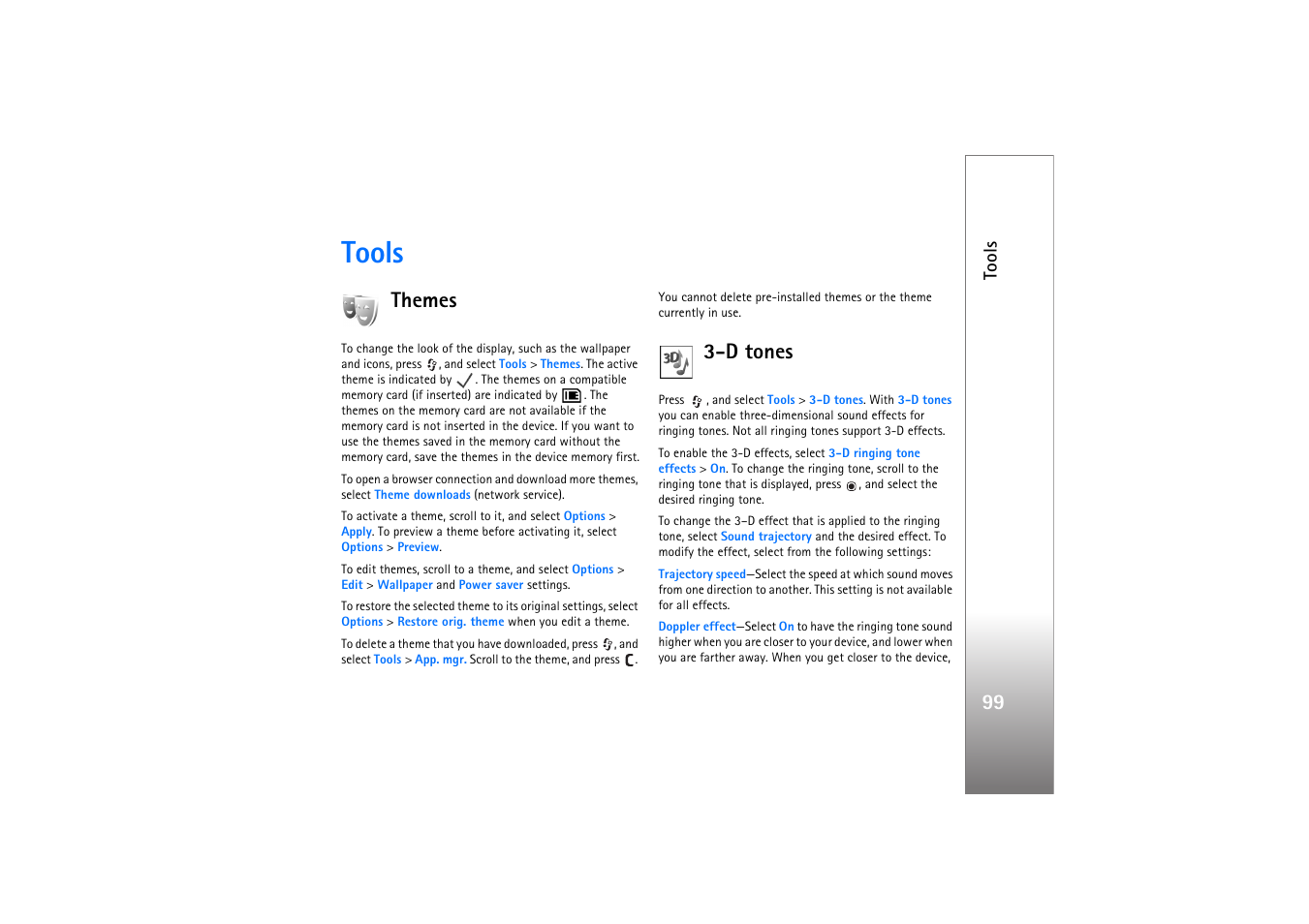 Tools, Themes, D tones | Themes 3-d tones | Nokia N77 User Manual | Page 99 / 133