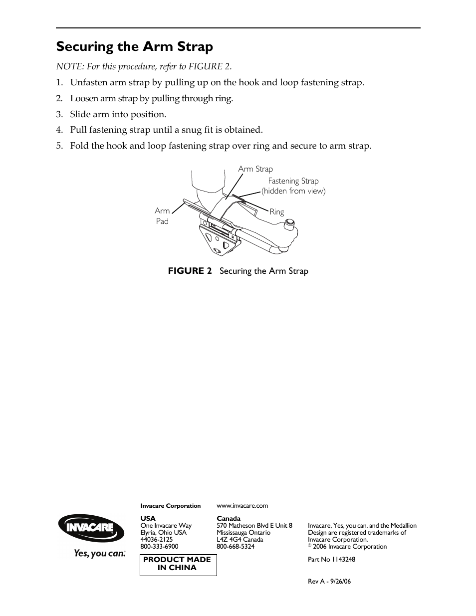 Securing the arm strap | Invacare 1143248 User Manual | Page 2 / 2