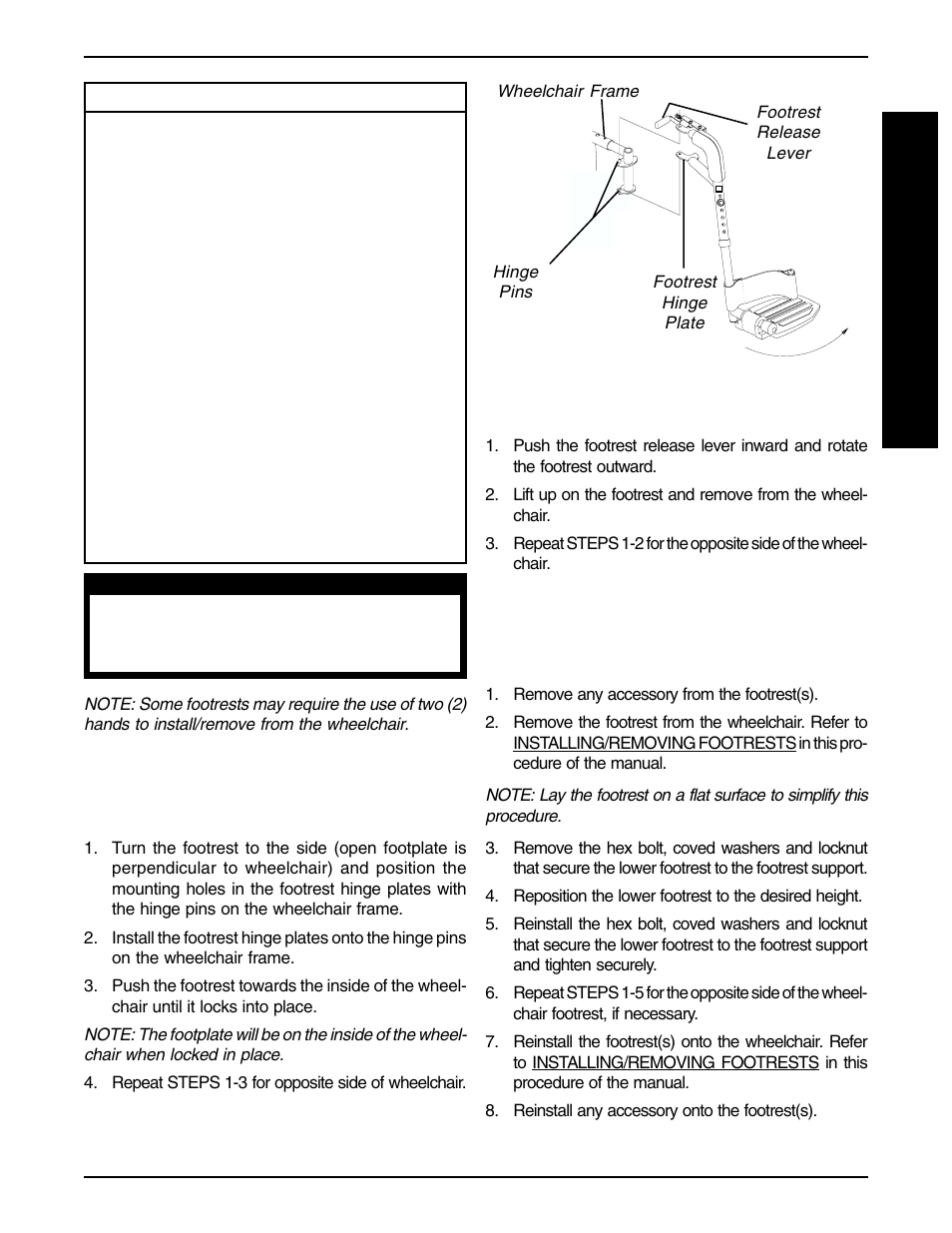 Adjusting footrest height, Installing/removing footrests (figure 1) | Invacare PRONTO R2-250 User Manual | Page 15 / 48