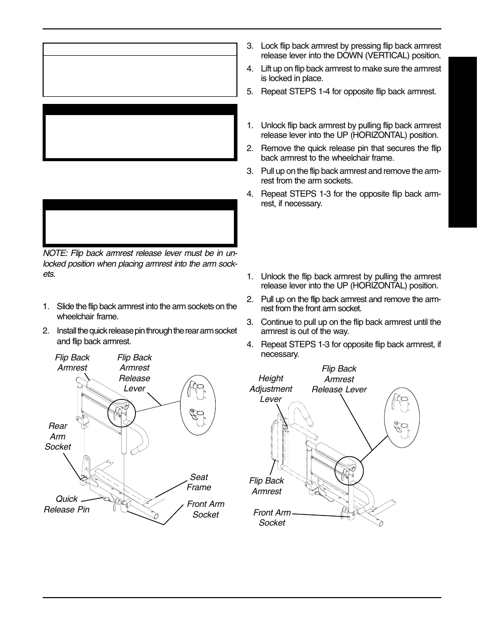 Installing/removing flip back armrests (figure 1), Adjusting flip back armrests (figure 2) | Invacare PRONTO R2-250 User Manual | Page 27 / 48