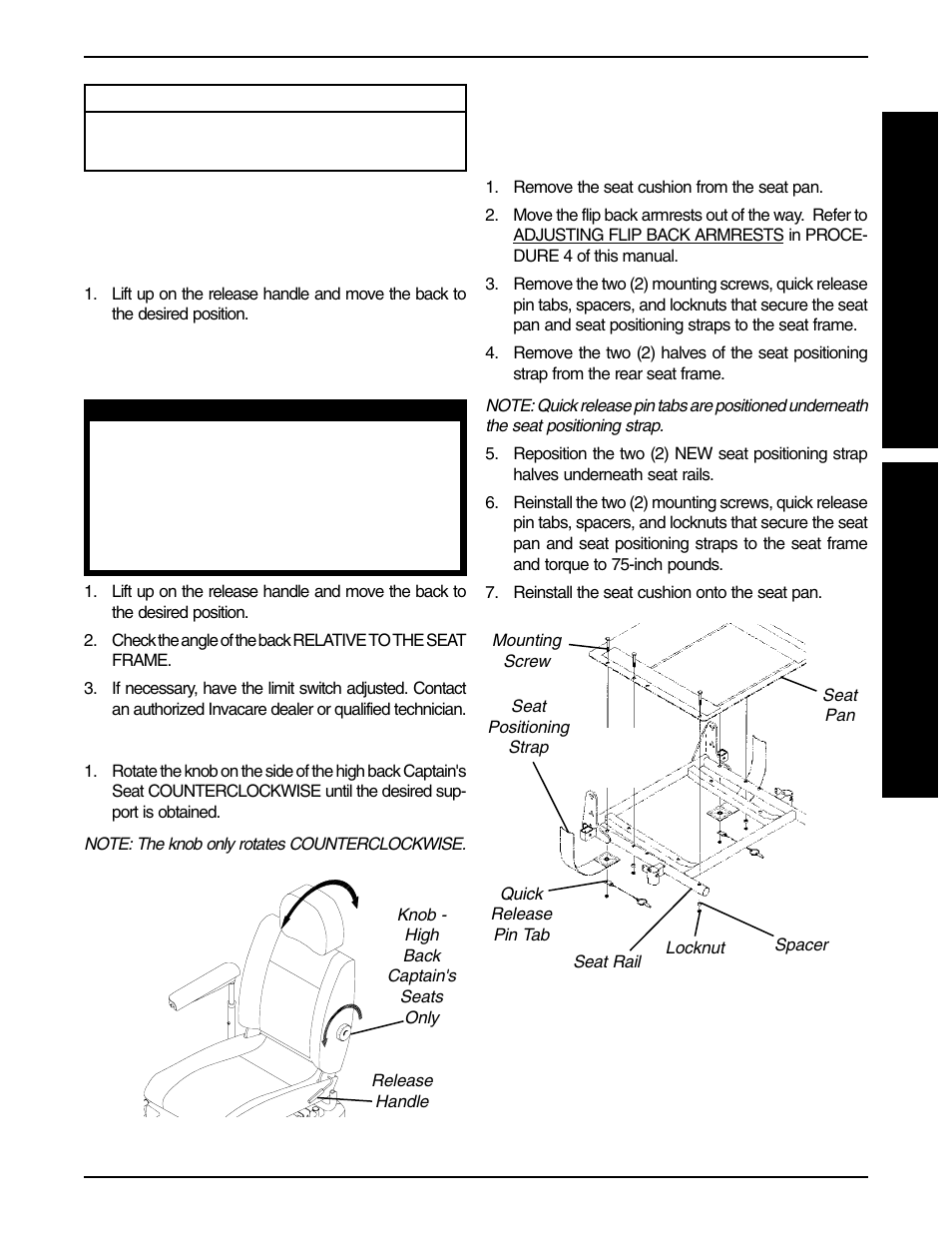 Adjusting captain's seat (figure 1), Replacing seat positioning strap | Invacare PRONTO R2-250 User Manual | Page 29 / 48