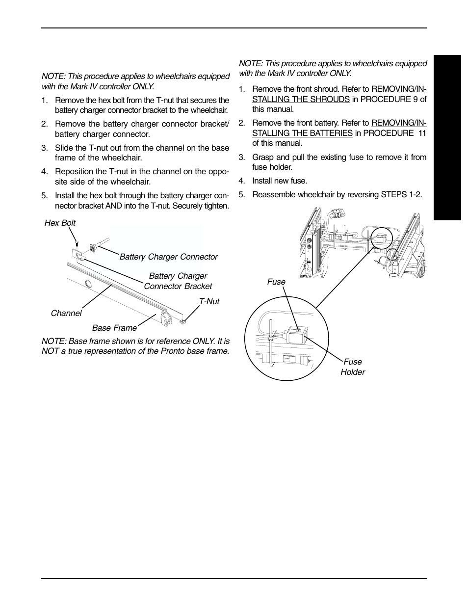 Repositioning battery charger connector (figure 3), Fuse replacement (figure 4) | Invacare PRONTO R2-250 User Manual | Page 31 / 48