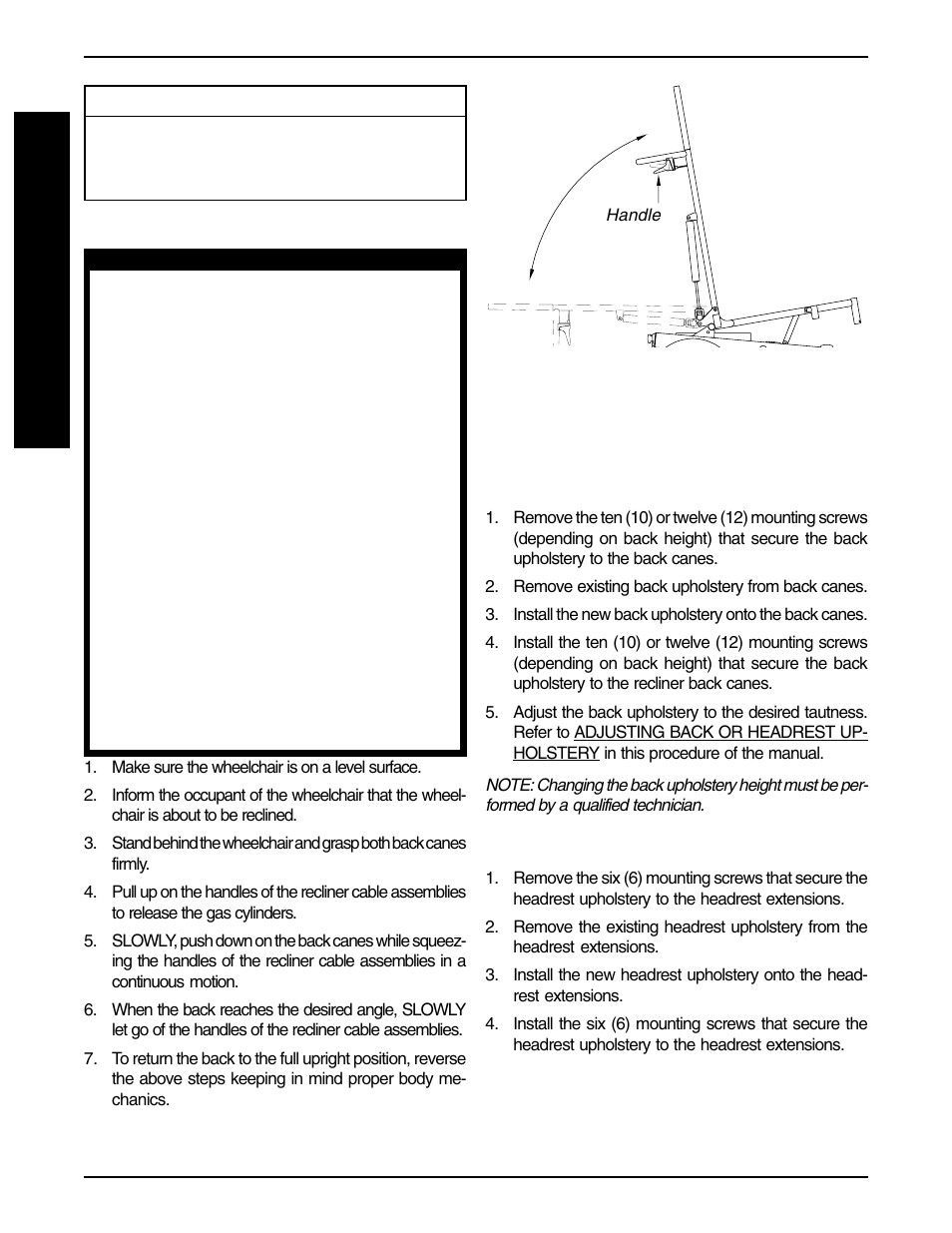Replacing back or headrest upholstery (figure 2), Recliner operation (figure 1) | Invacare PRONTO R2-250 User Manual | Page 36 / 48