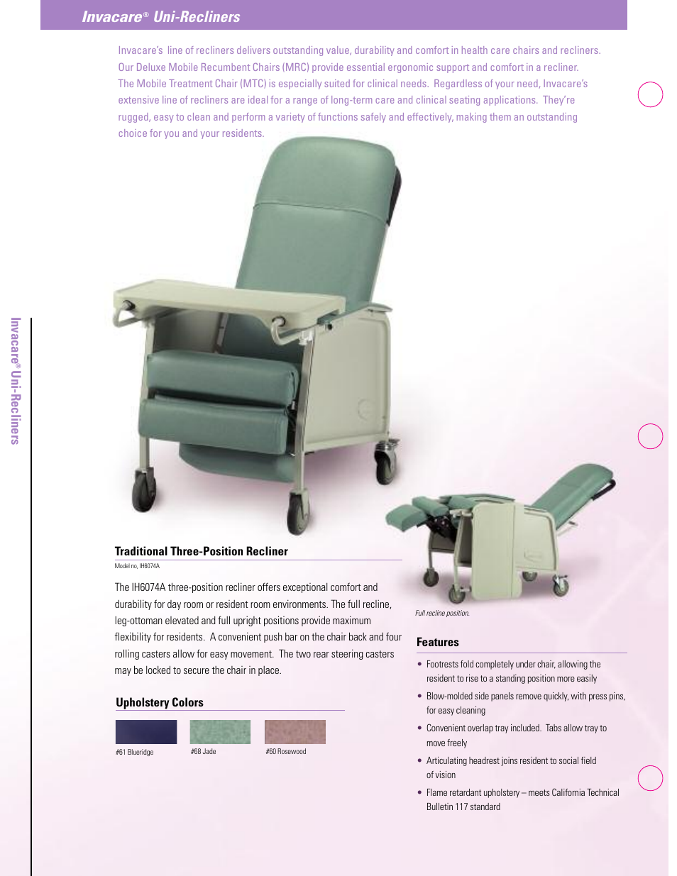 Invacare, Uni-recliners | Invacare IH6074A User Manual | Page 2 / 4