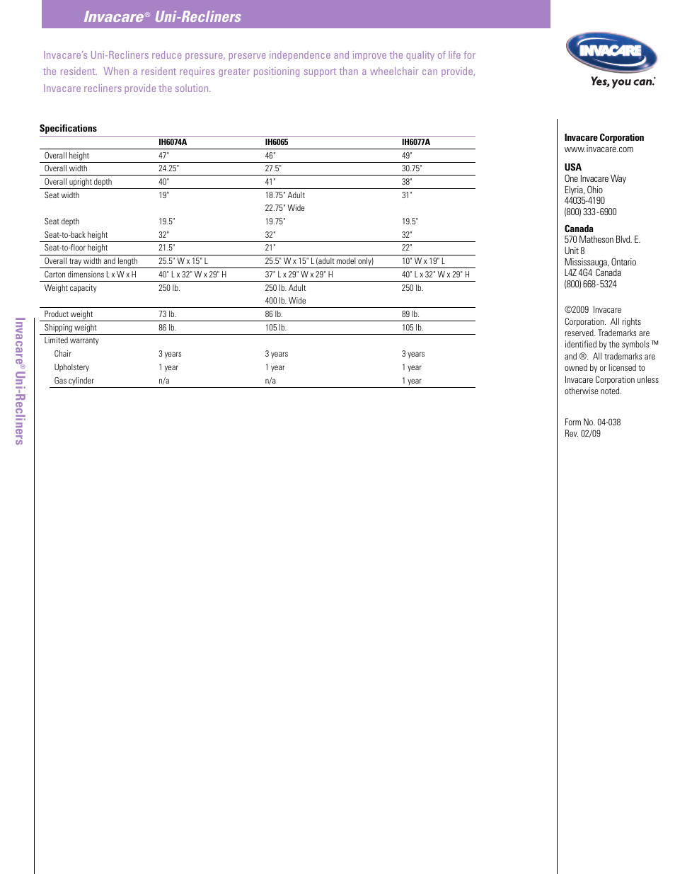 Invacare, Uni-recliners, Un i- r e c lin e rs | Invacare IH6074A User Manual | Page 4 / 4