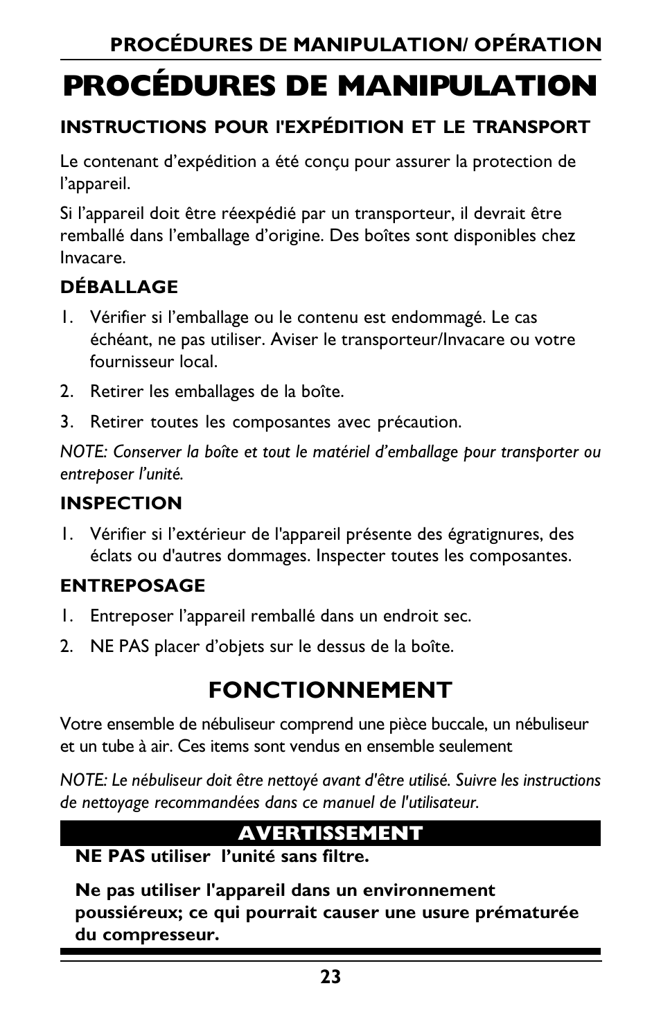 Procédures de manipulation, Fonctionnement | Invacare Envoy User Manual | Page 23 / 44