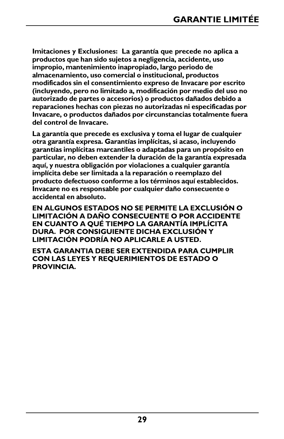 Garantie limitée | Invacare Envoy User Manual | Page 29 / 44