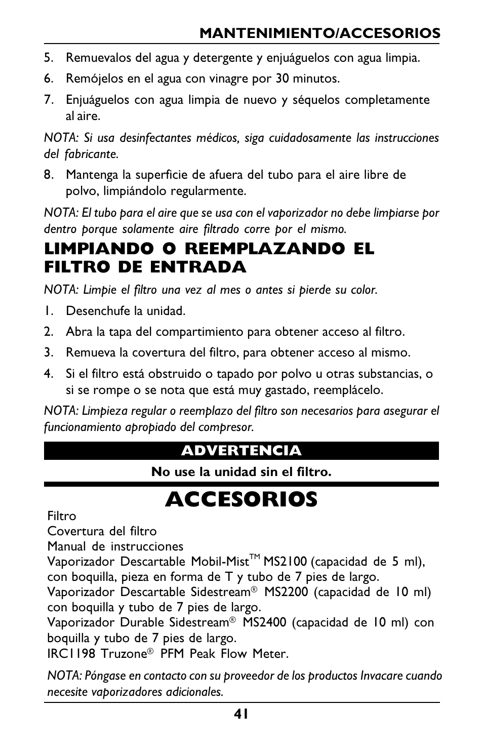 Accesorios, Limpiando o reemplazando el filtro de entrada | Invacare Envoy User Manual | Page 41 / 44