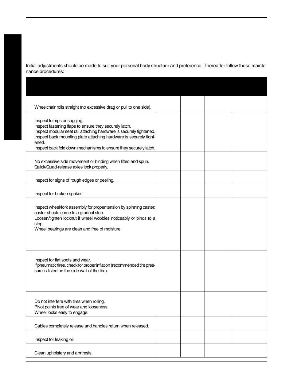 Safety inspection checklist | Invacare Allegro 1061057 User Manual | Page 14 / 72