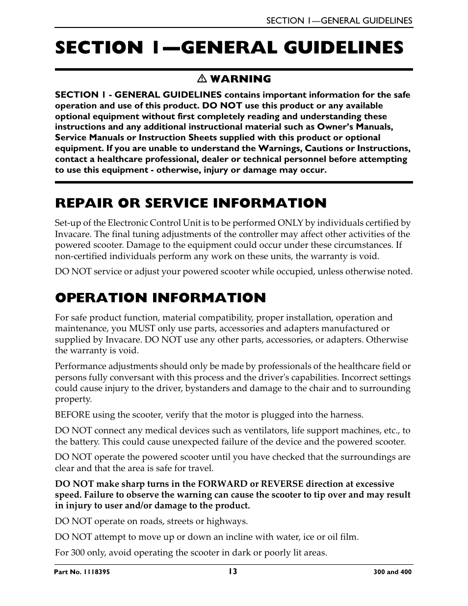 Section 1—general guidelines, Repair or service information, Operation information | Invacare HMV Highly 300 User Manual | Page 13 / 72