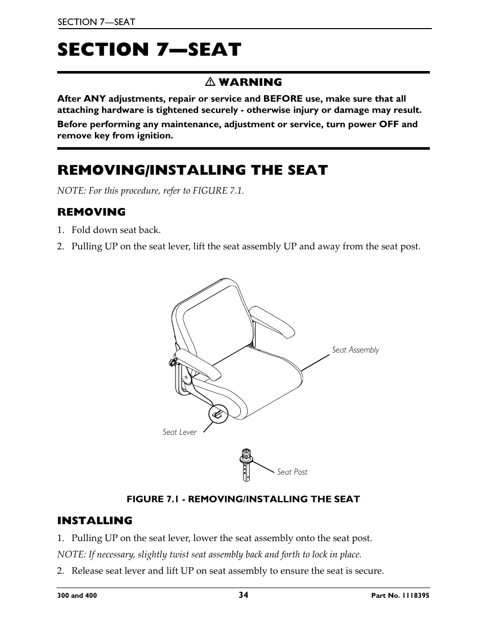 Section 7—seat, Removing/installing the seat, Removing | Installing | Invacare HMV Highly 300 User Manual | Page 34 / 72