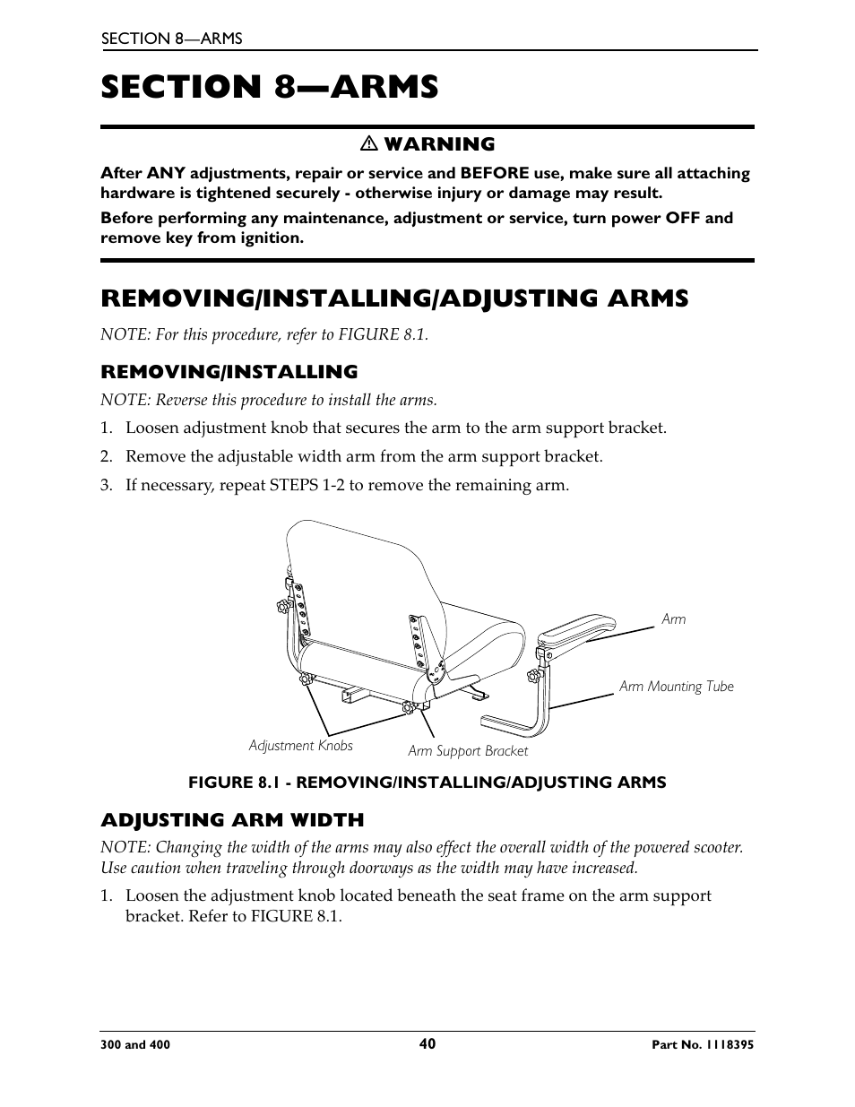 Section 8—arms, Removing/installing/adjusting arms, Removing/installing | Adjusting arm width | Invacare HMV Highly 300 User Manual | Page 40 / 72