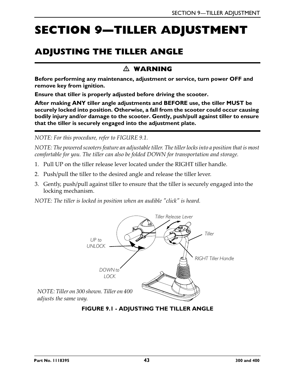 Section 9—tiller adjustment, Adjusting the tiller angle, Fortable angle. refer to adjusting the tiller | Invacare HMV Highly 300 User Manual | Page 43 / 72