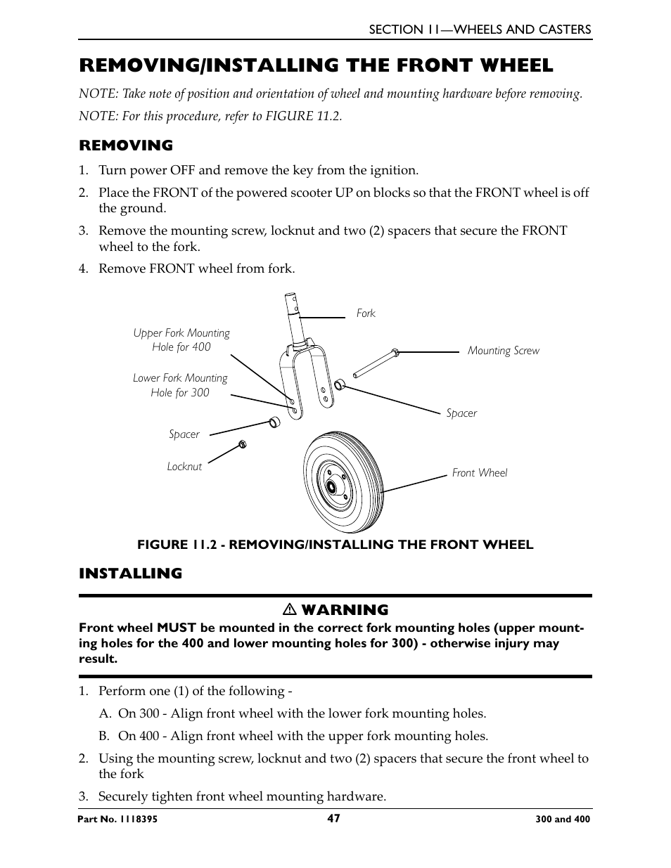 Removing/installing the front wheel, Removing, Installing | Invacare HMV Highly 300 User Manual | Page 47 / 72