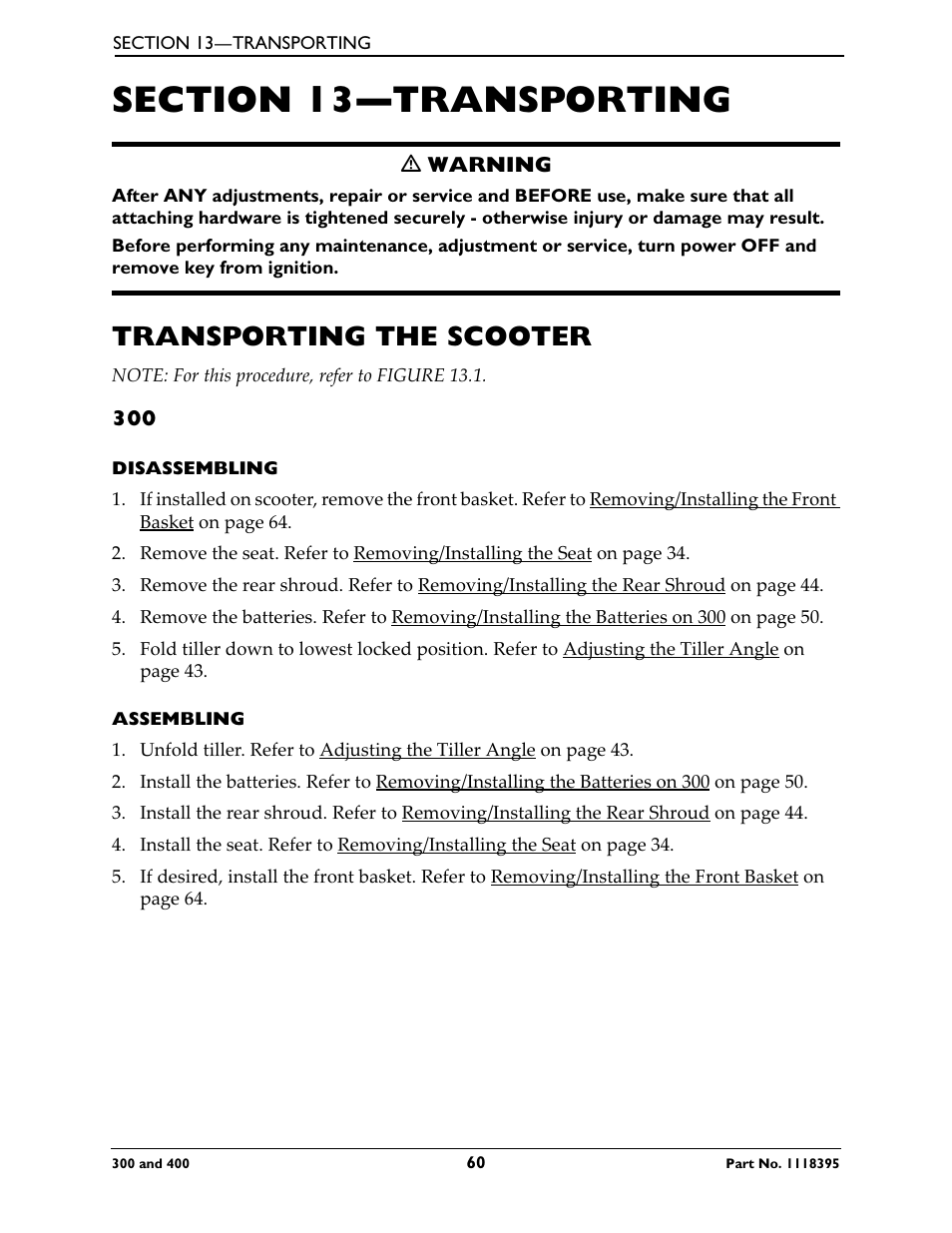 Section 13—transporting, Transporting the scooter, Disassembling | Assembling | Invacare HMV Highly 300 User Manual | Page 60 / 72