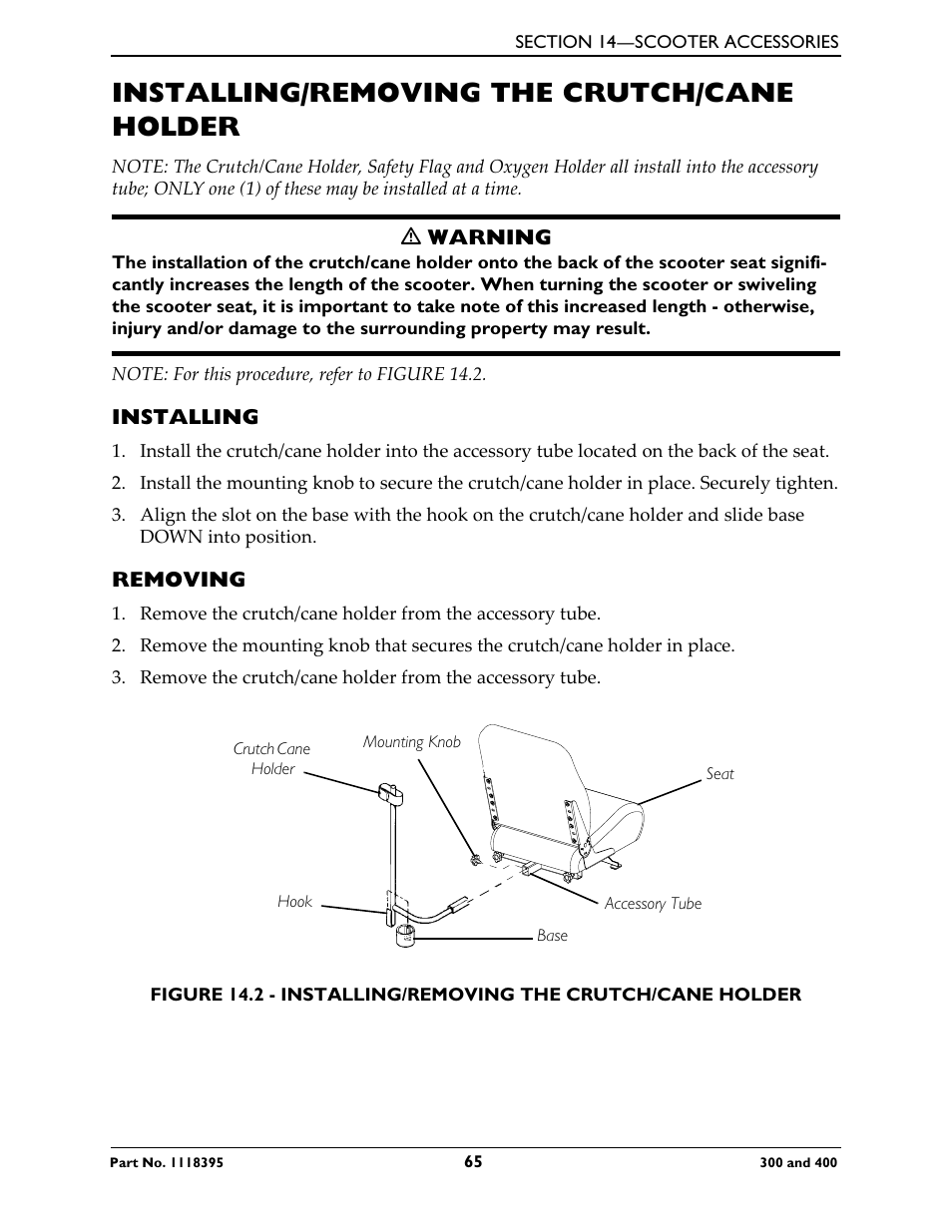 Installing/removing the crutch/cane holder, Installing, Removing | Invacare HMV Highly 300 User Manual | Page 65 / 72