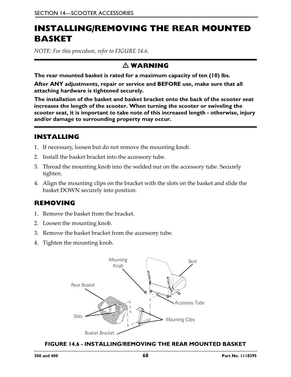 Installing/removing the rear mounted basket, Installing, Removing | Invacare HMV Highly 300 User Manual | Page 68 / 72