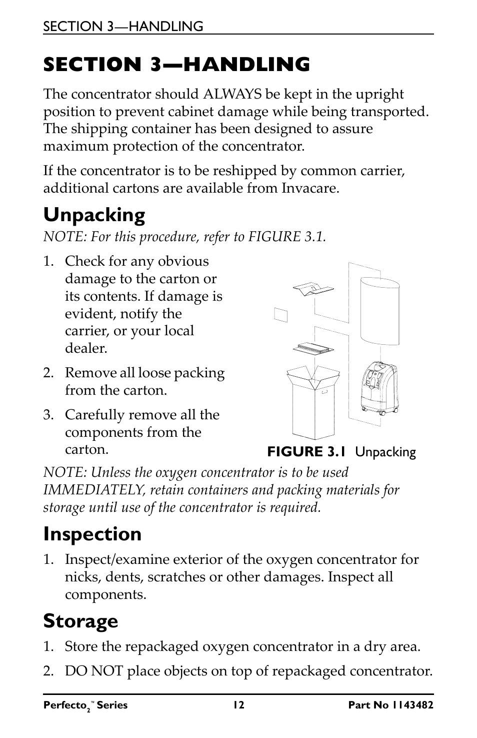 Section 3- handling, Section 3—handling, Unpacking inspection storage | Unpacking, Inspection, Storage | Invacare IRC5P User Manual | Page 12 / 32