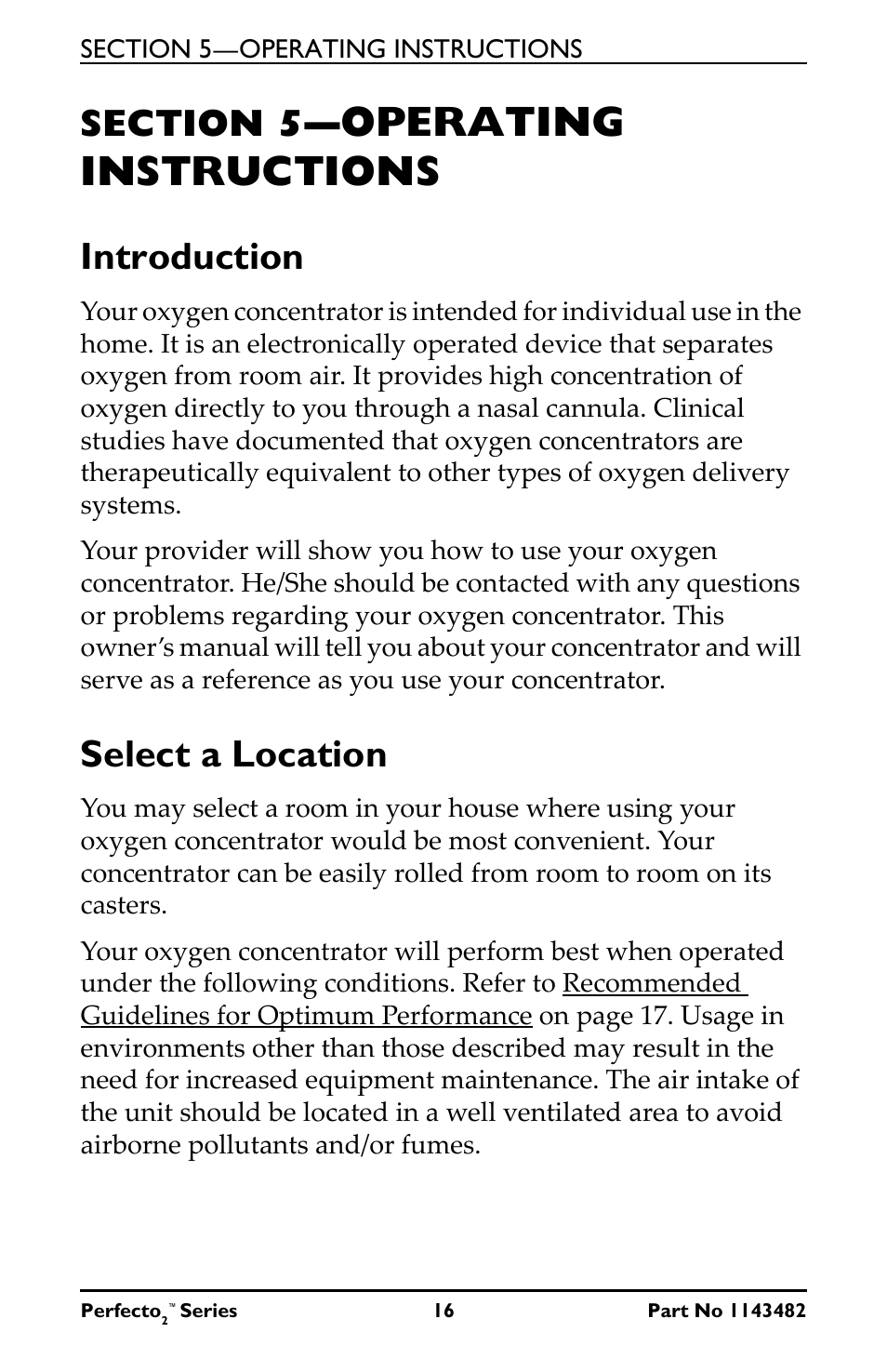 Section 5- operating instructions, Introduction, Select a location | Section 5—operating instructions, Introduction select a location, Operating instructions | Invacare IRC5P User Manual | Page 16 / 32