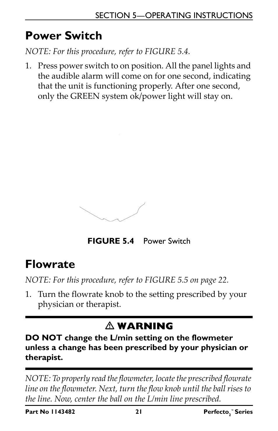 Power switch, Note: for this procedure, refer to figure 5.4, On/off (i/o) power switch | Figure 5.4 power switch, Flowrate, M warning, Power switch flowrate, Ƽ warning | Invacare IRC5P User Manual | Page 21 / 32