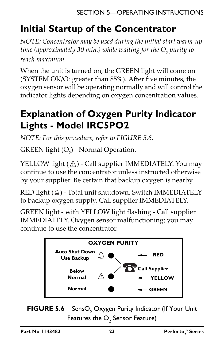 Initial startup of the concentrator, Note: for this procedure, refer to figure 5.6, Green light (o2) - normal operation | Auto shut down, Use backup, Sensor feature) | Invacare IRC5P User Manual | Page 23 / 32