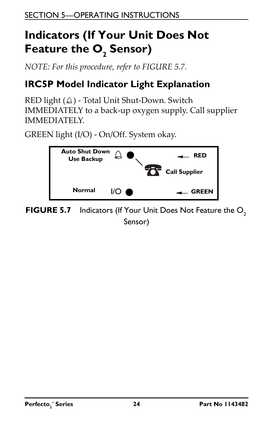 Note: for this procedure, refer to figure 5.7, Irc5p model indicator light explanation, Green light (i/o) - on/off. system okay | Auto shut down, Use backup, Indicators (if your unit does not feature the o, Sensor) | Invacare IRC5P User Manual | Page 24 / 32