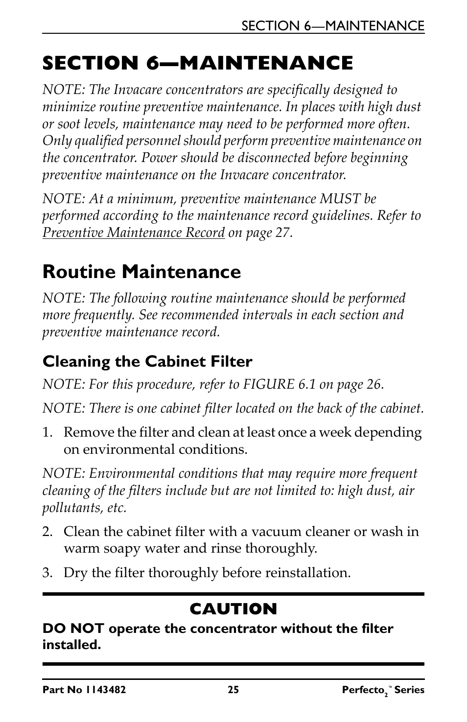 Section 6- maintenance, Section 6—maintenance, Routine maintenance | Cleaning the cabinet filter, Caution | Invacare IRC5P User Manual | Page 25 / 32