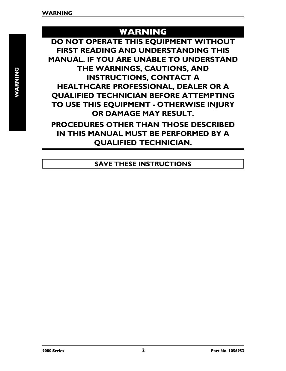 Warning | Invacare 9000 XT User Manual | Page 2 / 60