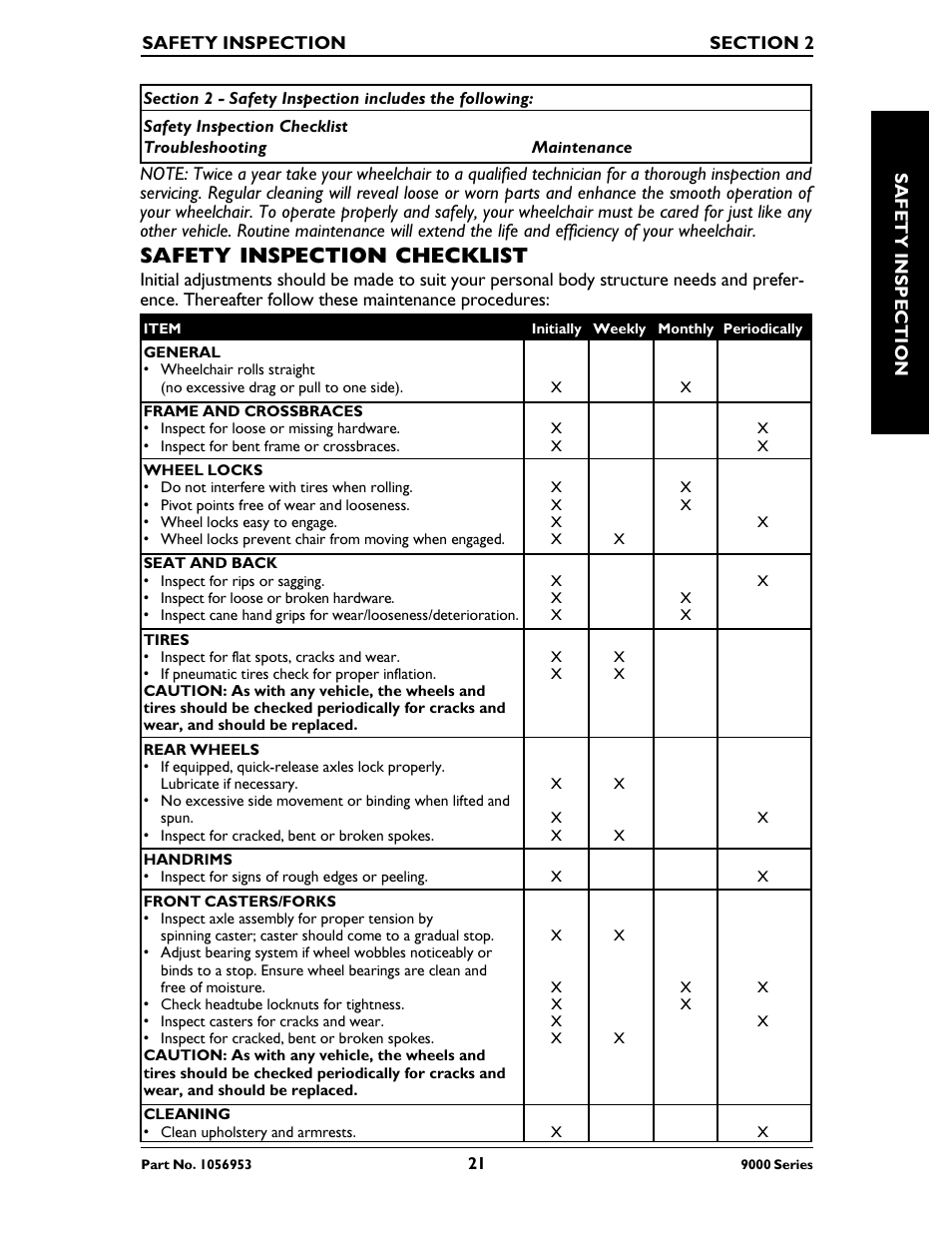 Safety inspection checklist | Invacare 9000 XT User Manual | Page 21 / 60