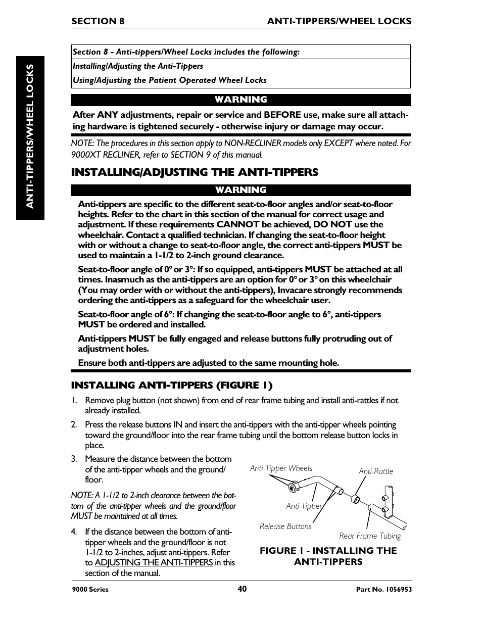 Installing/adjusting the anti-tippers | Invacare 9000 XT User Manual | Page 40 / 60