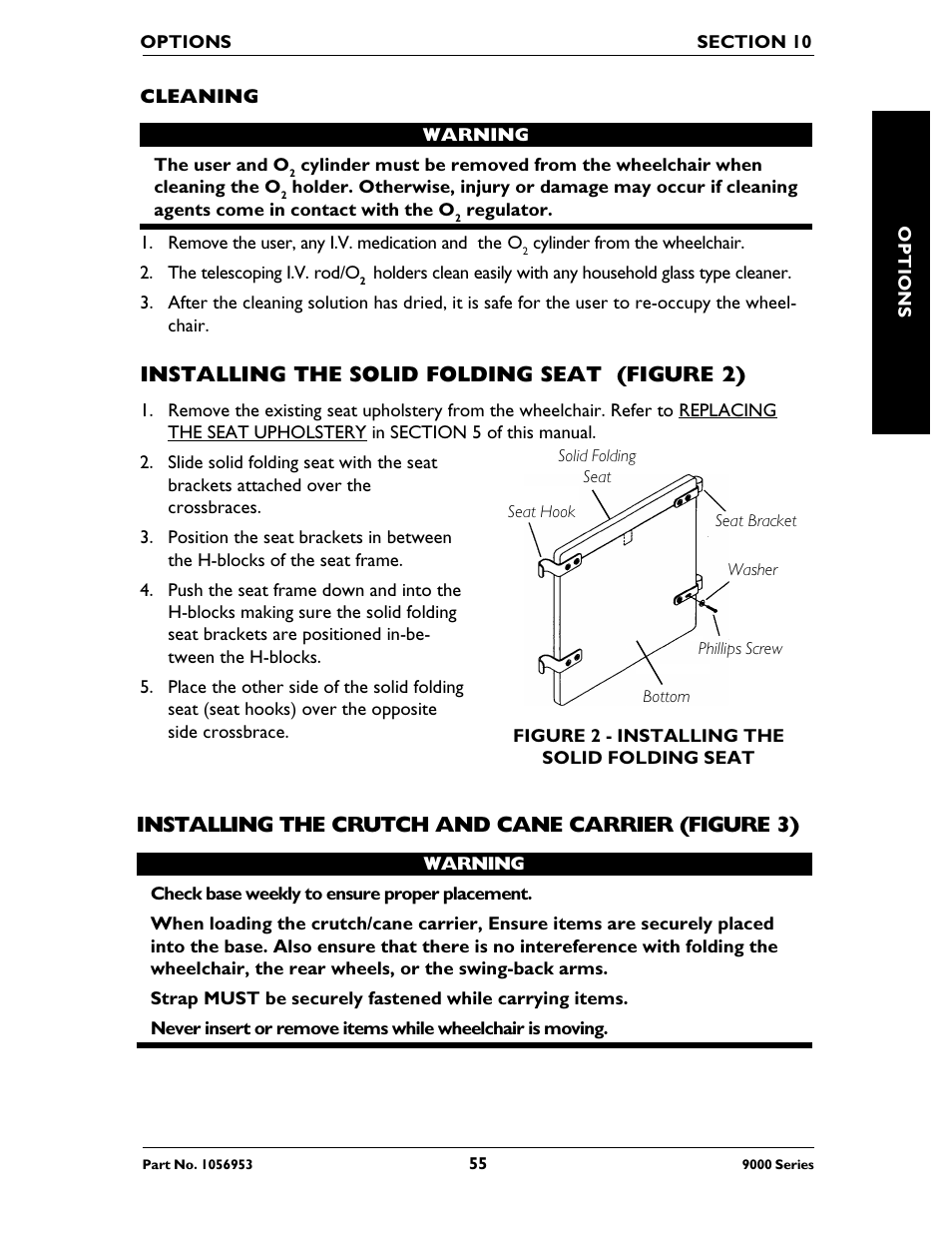 Installing the solid folding seat (figure 2), Installing the crutch and cane carrier (figure 3) | Invacare 9000 XT User Manual | Page 55 / 60