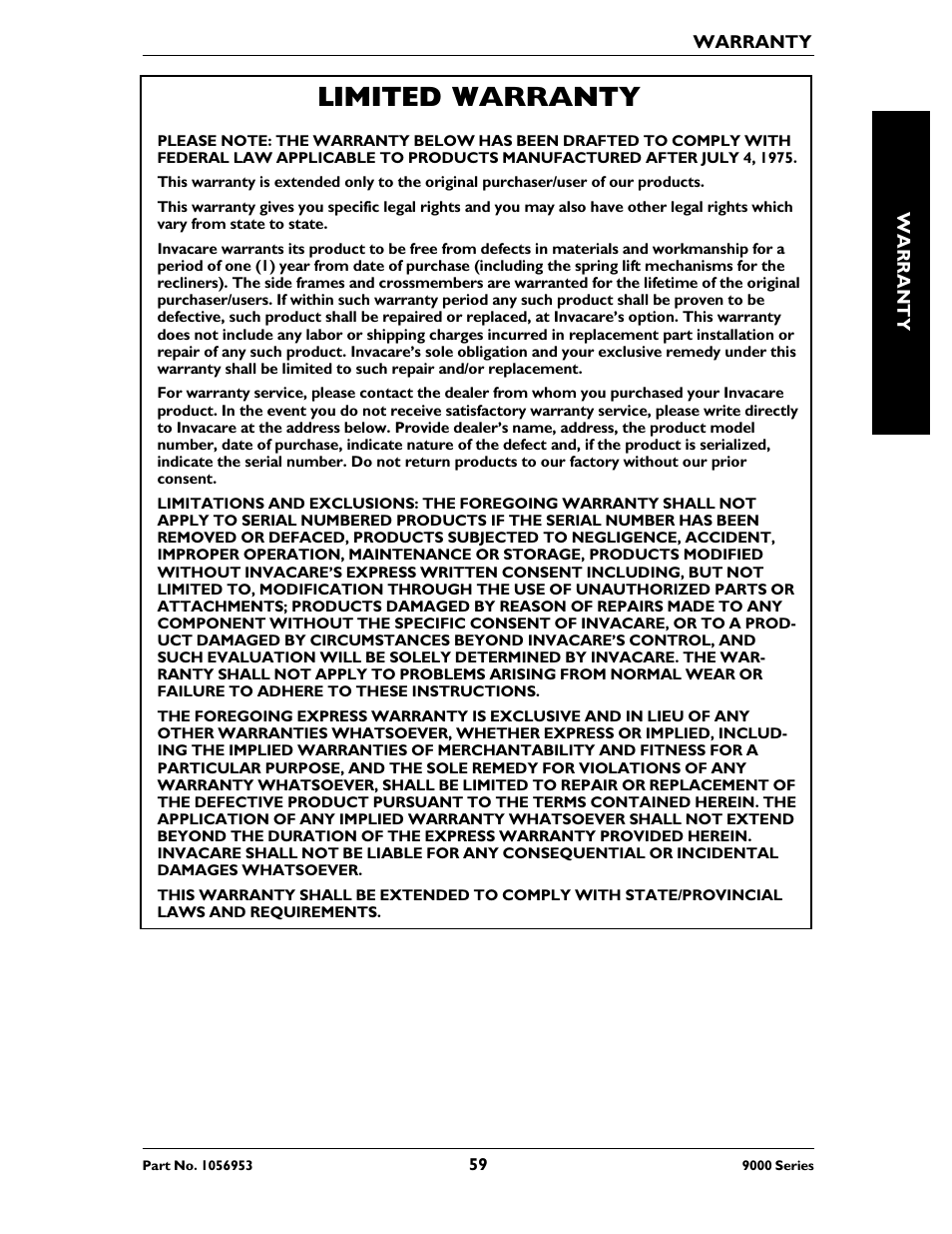 Limited warranty | Invacare 9000 XT User Manual | Page 59 / 60