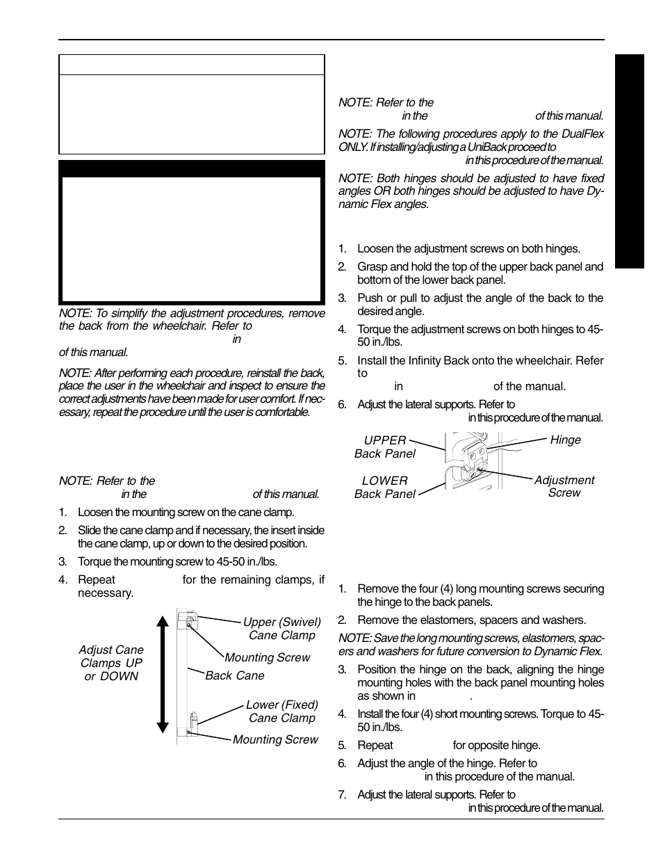 Adjusting the hinge/angle (dualflex only), Adjusting cane clamp height (figure 1) | Invacare Infinity Back Support User Manual | Page 11 / 16